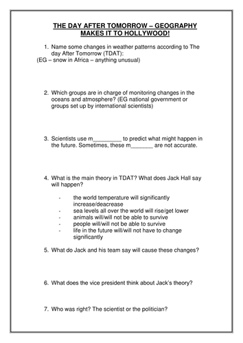 the day after tomorrow question sheet teaching resources