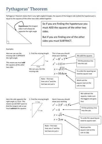 Pythagoras for cover - worksheet & notes