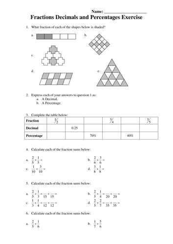 Fractions, Decimals and Percentages Exercise