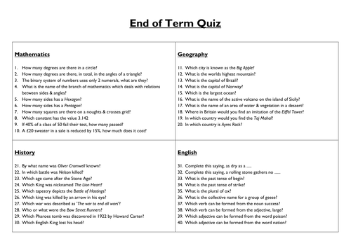 End Of Term General Knowledge Quiz Teaching Resources