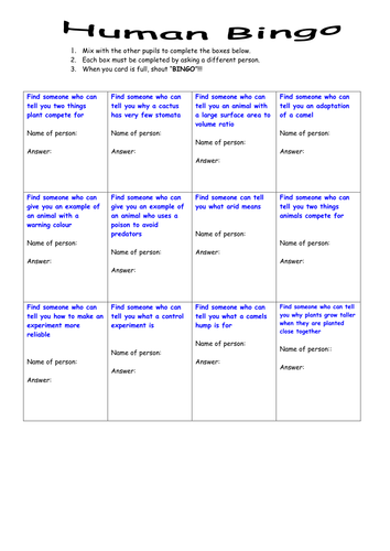 Adaptation and Competition Human Bingo