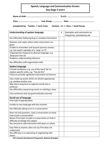 Speech language and communication screen