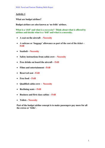 Travel and Tourism - Unit 1: Budget Airlines