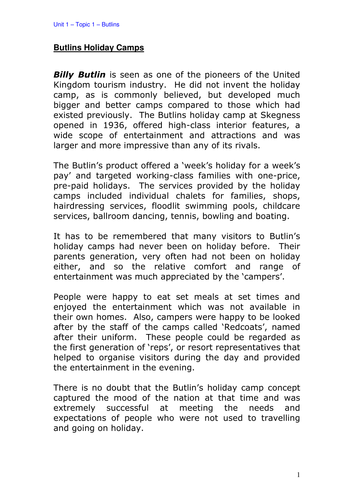 Travel and Tourism - Unit 1: Holiday Camps and UK