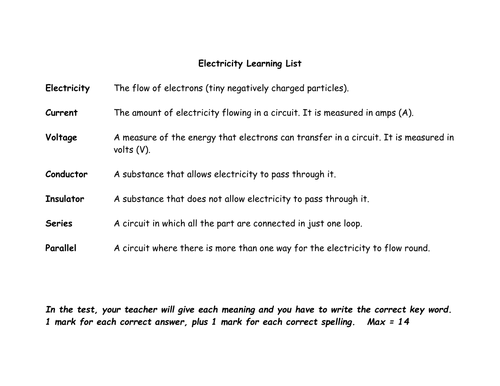 electricity learning list