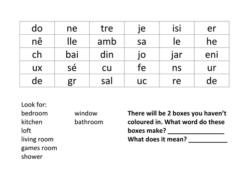 Colouring activity reinforcing spelling of rooms