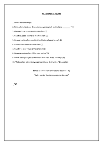 Nationalism test/ knowledge recall