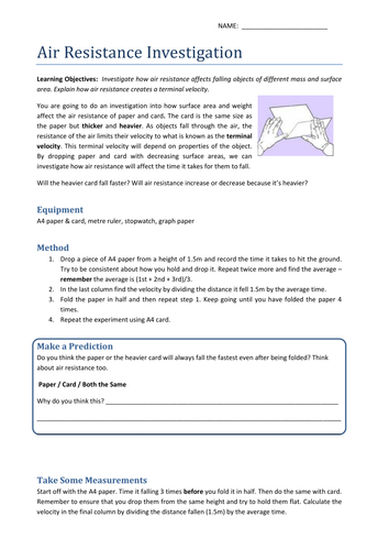 Investigating Air Resistance Worksheet