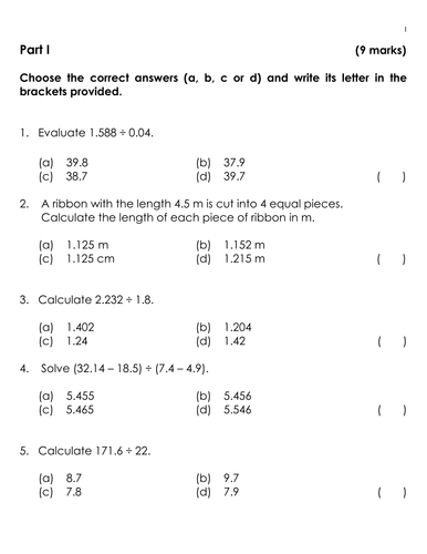 KS3 Quiz (Division of Decimals) with answer key