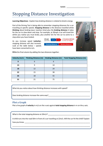 Stopping Distance & Kinetic Energy Worksheet