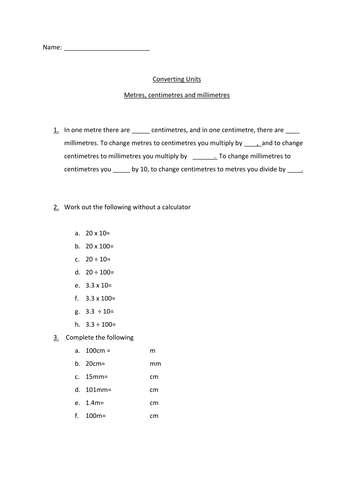 Conversion between units sheet