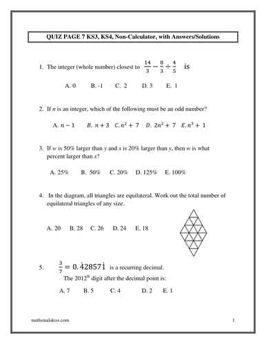 Quiz Part 6 KS3, GCSE with answers, non-calculator | Teaching Resources