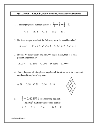 Quiz Part 6 KS3, GCSE with answers, non-calculator