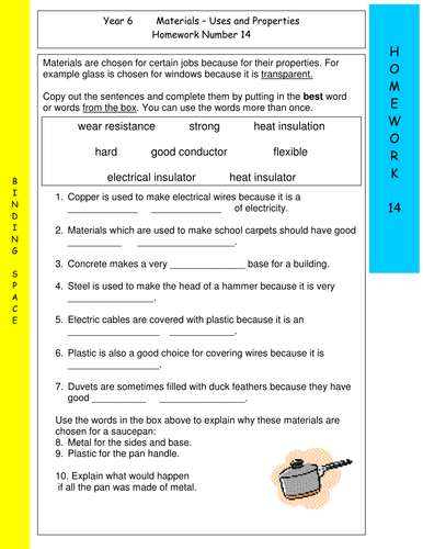 Materials - Uses & Properties Y6 Homework 14