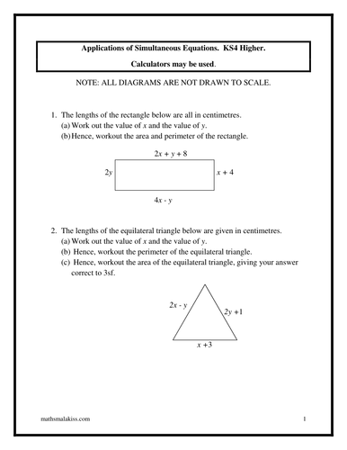 Applications of simultaneous equations GCSE Higher