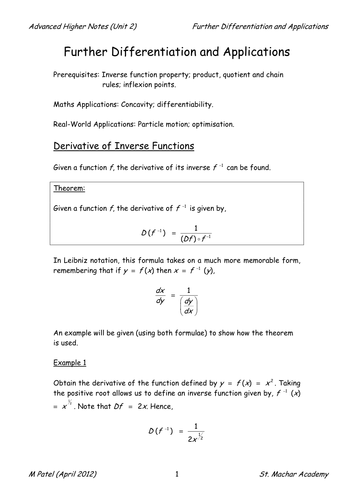 AH Notes 8 (Further Differentiation and Apps.)