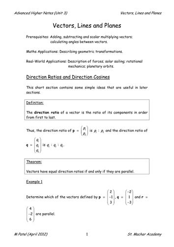 AH Notes 13 (Vectors, Lines and Planes)