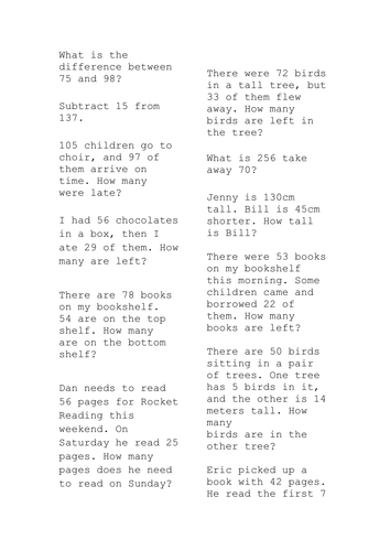 Level 2 and 3 subtraction word problems