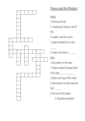 Theseus and the Minotaur crossword | Teaching Resources