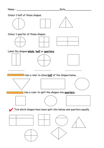 quarters shading and Half of worksheets  Quarters Find by shapes