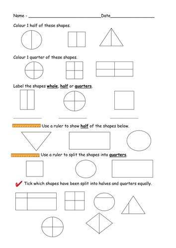 Find Half And Quarters Of Shapes Worksheets By Ruthbentham Teaching Resources Tes