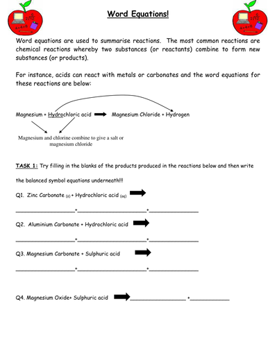 Word Equations Helpsheet and practice questions | Teaching Resources