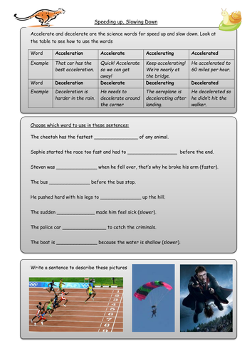 Accelerating/Decelerating vocab sheet