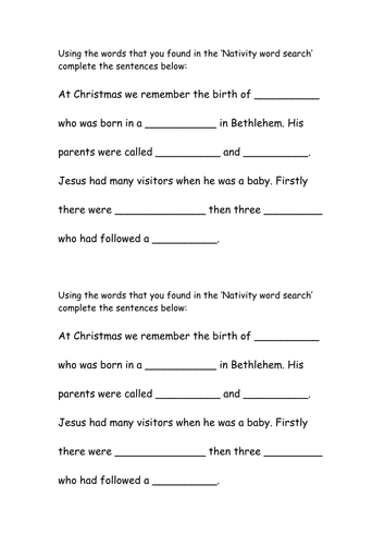 Nativity Wordsearch and Cloze Passage | Teaching Resources