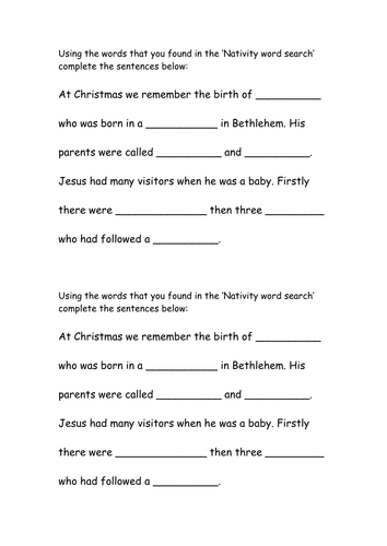 Nativity Wordsearch and Cloze Passage