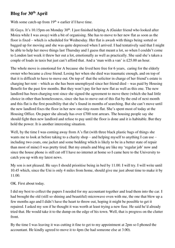 Blog part 8 starting on 17th April 2012