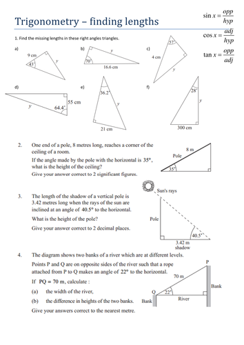 trigonometry finding lengths worksheet teaching resources