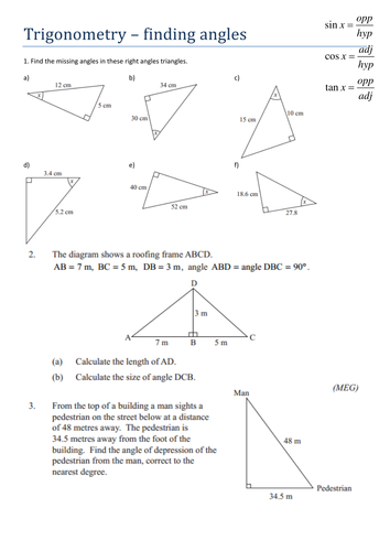 Trigonometry - finding angles - worksheet