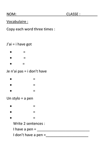 Mes affaires/fournitures scolaires