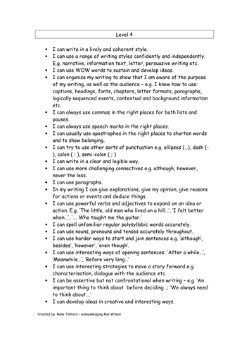 I can statements for Level 4 writing