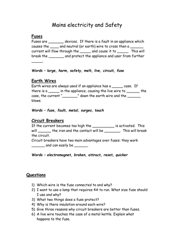 mains electricity and safety worksheet