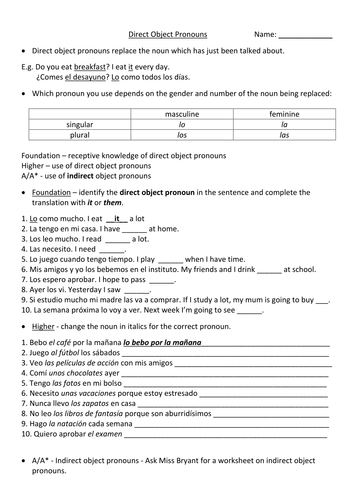 Direct Object Pronouns Teaching Resources