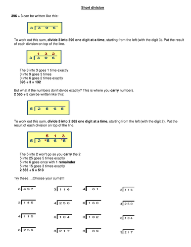 Short Division Worksheet Teaching Resources Maths Short Division With 