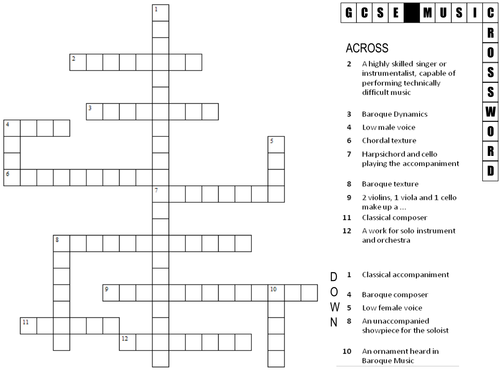 GCSE Baroque and Classical Revision Crossword
