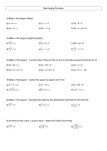 Re-arranging Formulae revision sheet with answers