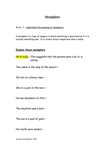 metaphors worksheet teaching resources