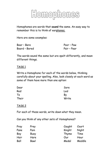 for free kindergarten worksheet printable english KS3 johncallaghan Teaching  by Homophones  Resources Spelling;