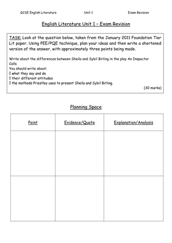 GCSE Literature Question (Planning Sheet)