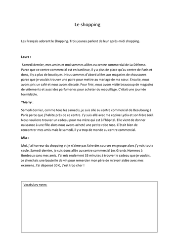 GCSE level text and questions on shopping.
