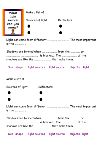 Light worksheet | Teaching Resources