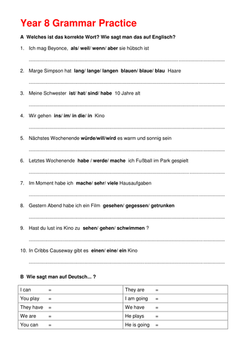 year 8 german grammar practice sheet teaching resources