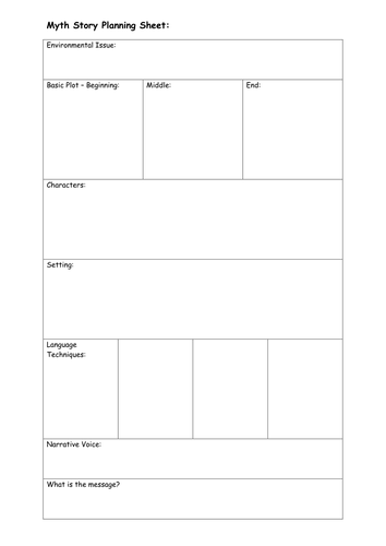 Planning sheet for writing myths