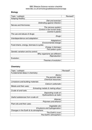 AQA GCSE Science BBC Bitesize revision checklist