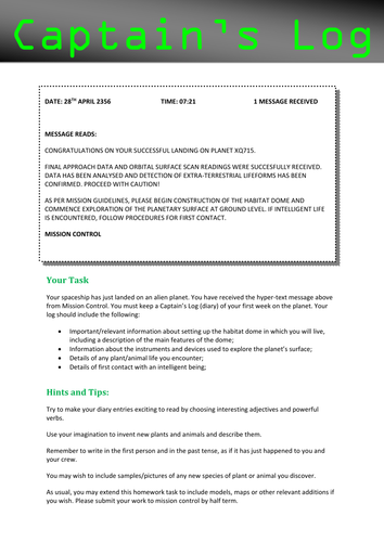 Captain's Log - Homework task sheet