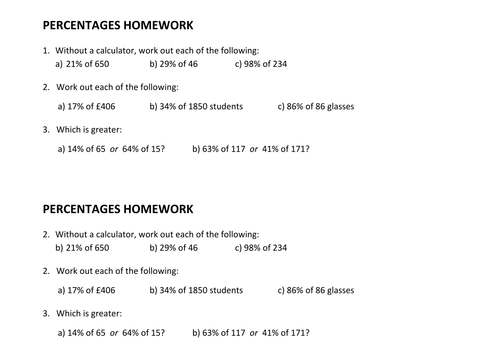 Percentages homework/plenary sheet