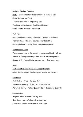 GCSE Business Studies Formulae